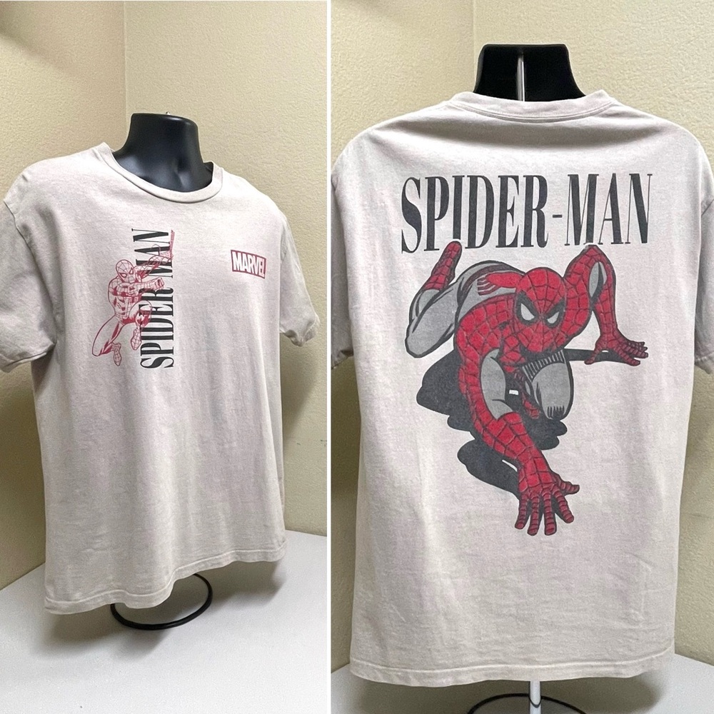 🛍️3/$15🛍️ MARVEL Spider-Man Graphic Tee Mens L Beige Taupe